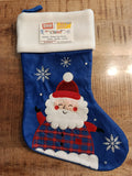 Chaussette de Noël bleu motif père Noël brodée.