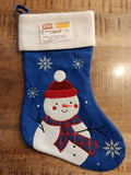 Chaussette de Noël bleu motif bonhomme de neige brodée.
